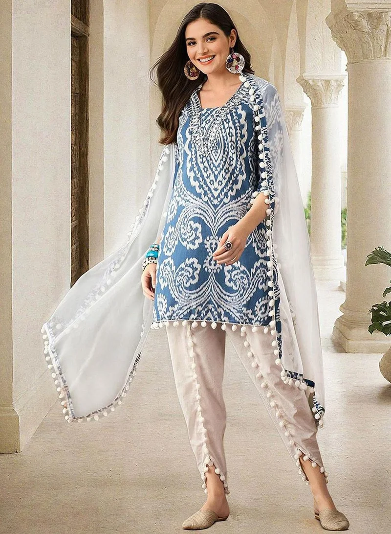 آي شين Women's Blue 100% Cotton Printed Tunic Full Length Casual Straight Fit Kurta Set